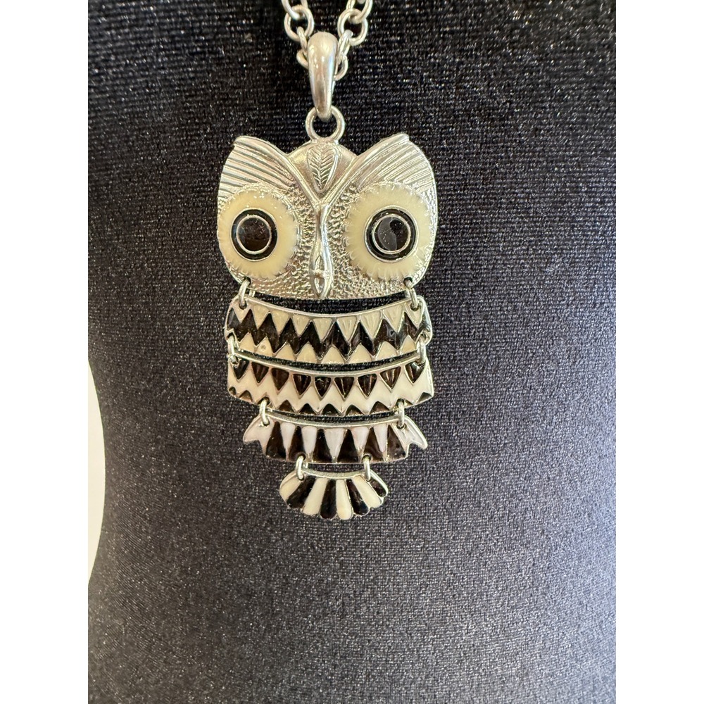 Silver Tone Articulated Owl Pendant Long Chain Necklace Black Cream Enamel - Picture 3 of 4